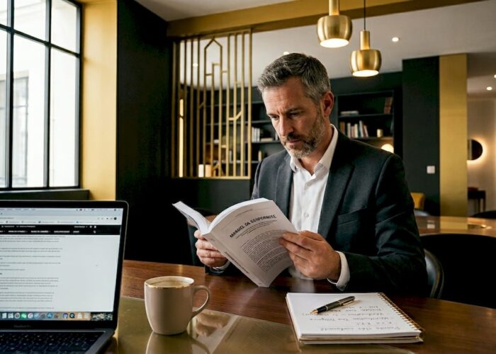 Un inspecteur passe en revue des documents de conformité, installé autour d’une table de réunion.