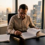 Un cadre est assis à son bureau, concentré sur la lecture d’un rapport d’enquête interne.