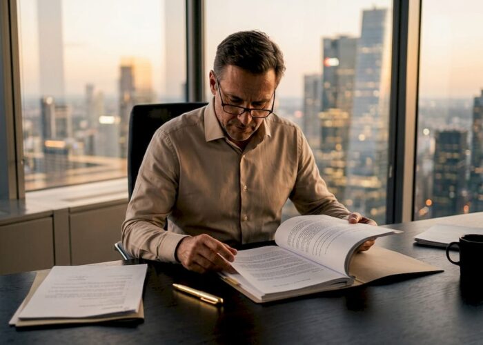 Un cadre est assis à son bureau, concentré sur la lecture d’un rapport d’enquête interne.