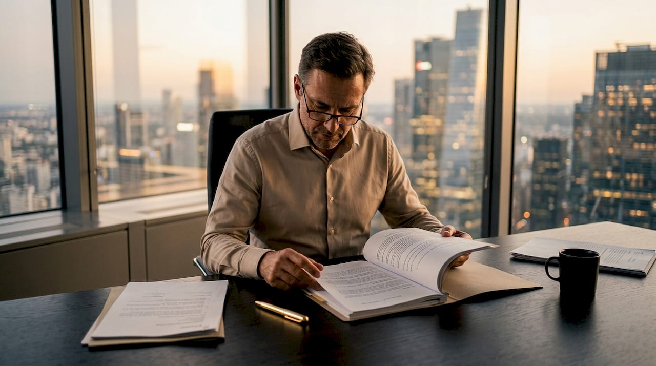Un cadre est assis à son bureau, concentré sur la lecture d’un rapport d’enquête interne.