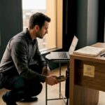 Un technicien vérifie l’état des multiprises dans un espace de travail afin d’assurer la sécurité électrique du bureau.