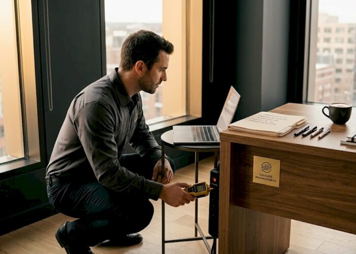 Un technicien vérifie l’état des multiprises dans un espace de travail afin d’assurer la sécurité électrique du bureau.