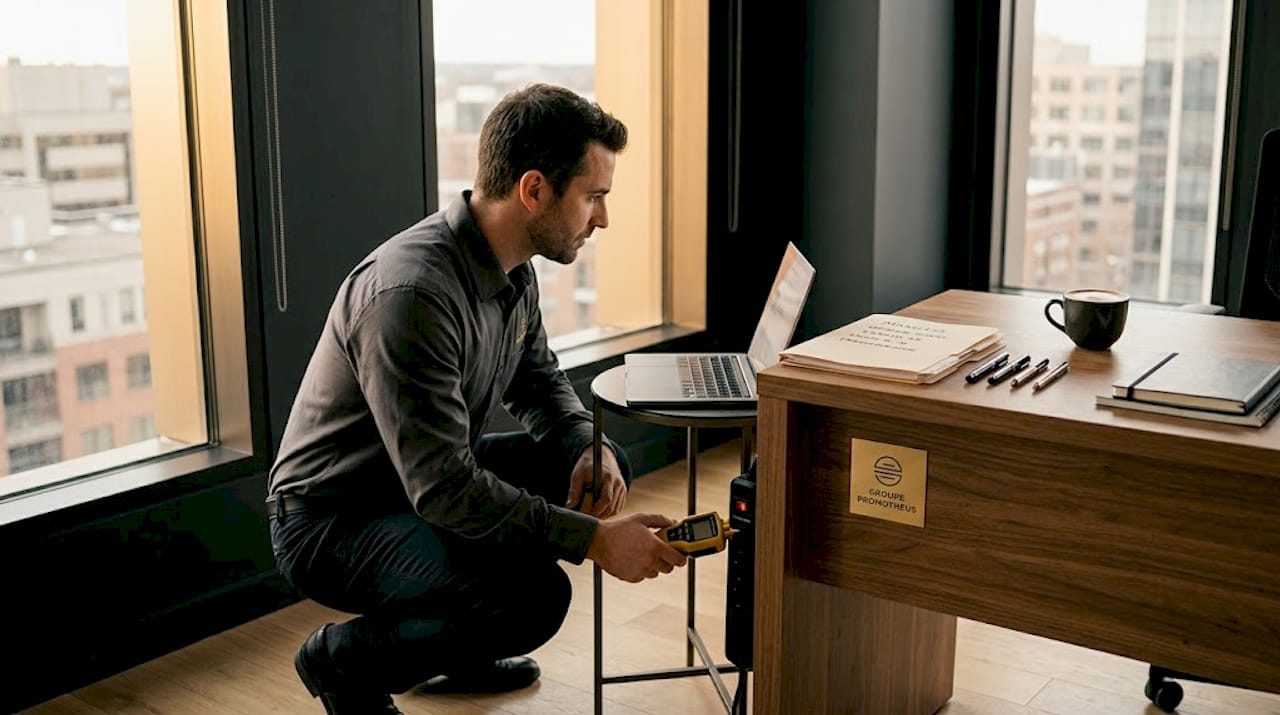 Un technicien vérifie l’état des multiprises dans un espace de travail afin d’assurer la sécurité électrique du bureau.
