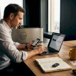 Un homme travaille sur la cybersécurité depuis son ordinateur portable, dans un bureau.