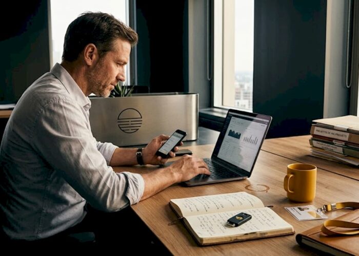 Un homme travaille sur la cybersécurité depuis son ordinateur portable, dans un bureau.