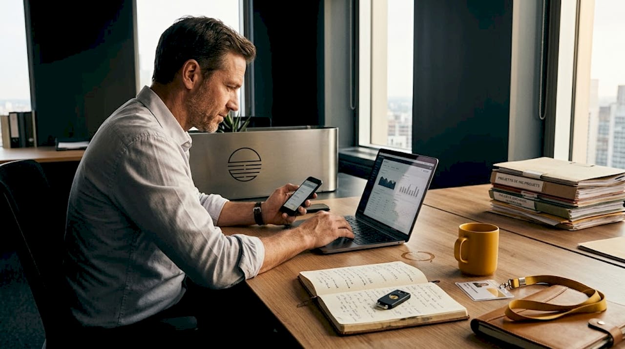 Un homme travaille sur la cybersécurité depuis son ordinateur portable, dans un bureau.
