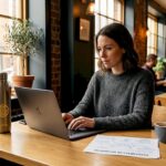 Une femme en pleine rédaction d’un questionnaire, installée à une table dans un espace de coworking.
