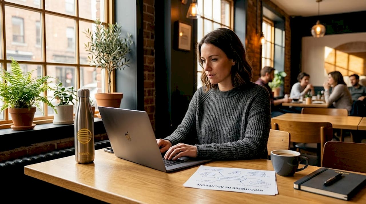 Une femme en pleine rédaction d’un questionnaire, installée à une table dans un espace de coworking.