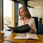 Une responsable des ressources humaines consulte le dossier d’un collaborateur dans son bureau.