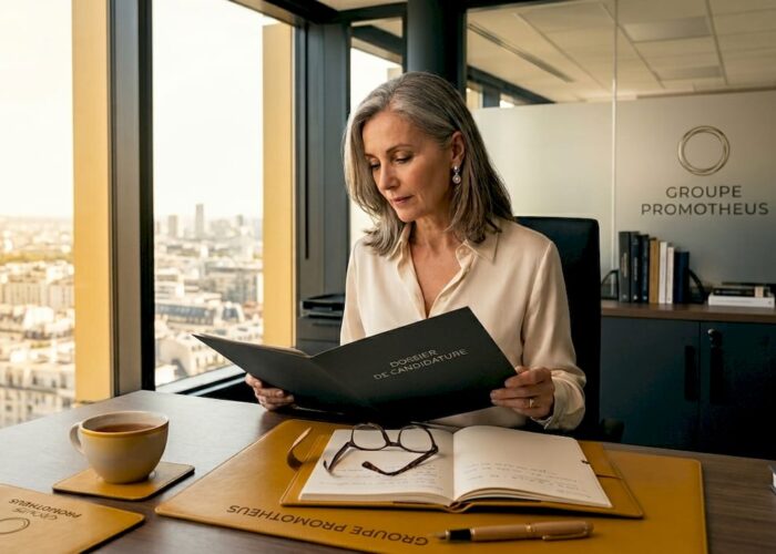 Une responsable des ressources humaines consulte le dossier d’un collaborateur dans son bureau.