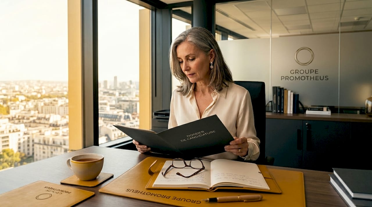 Une responsable des ressources humaines consulte le dossier d’un collaborateur dans son bureau.