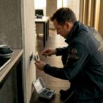 Un technicien vérifie une prise électrique dans un bureau contemporain.