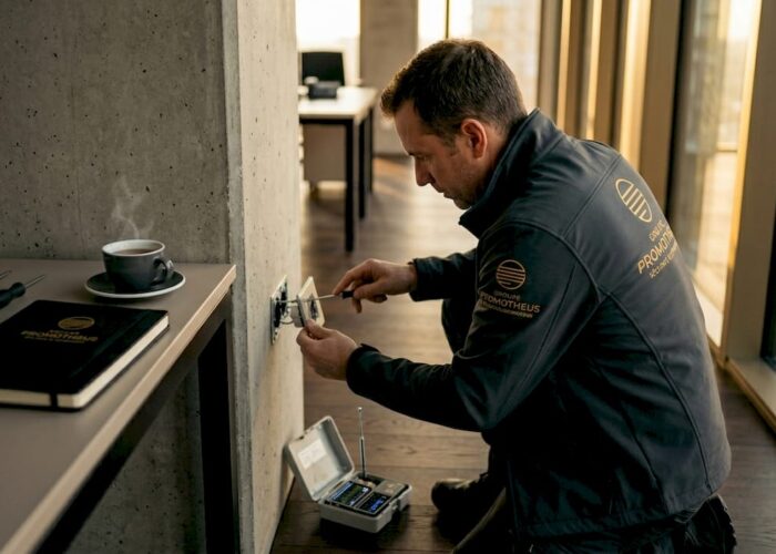 Un technicien vérifie une prise électrique dans un bureau contemporain.