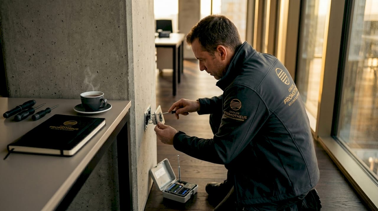Un technicien vérifie une prise électrique dans un bureau contemporain.