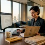 Une enquêtrice concentrée, assise à son bureau, passe minutieusement en revue un dossier judiciaire.