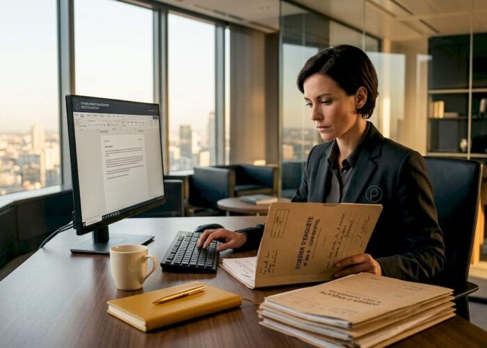 Une enquêtrice concentrée, assise à son bureau, passe minutieusement en revue un dossier judiciaire.
