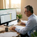 Un conseiller en ressources humaines en train d'étudier les bulletins de paie dans son bureau.