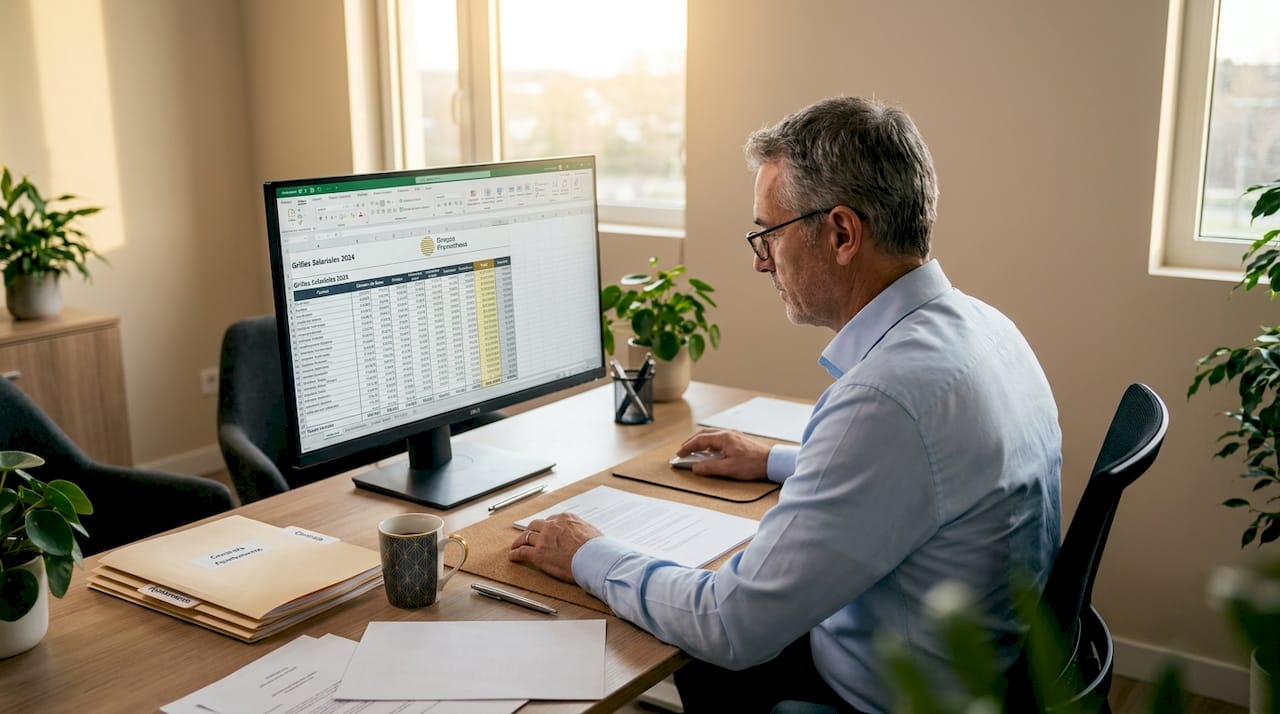 Un conseiller en ressources humaines en train d'étudier les bulletins de paie dans son bureau.