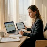 Un expert examine attentivement des documents relatifs à la protection des données, installé à son bureau.