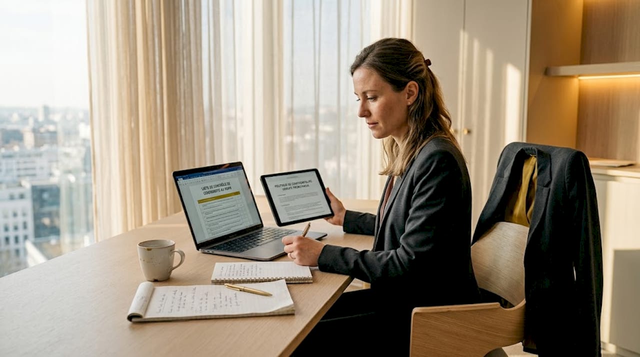 Un expert examine attentivement des documents relatifs à la protection des données, installé à son bureau.