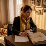Assise à son bureau, l’assistante sociale étudie attentivement le dossier d’une famille.