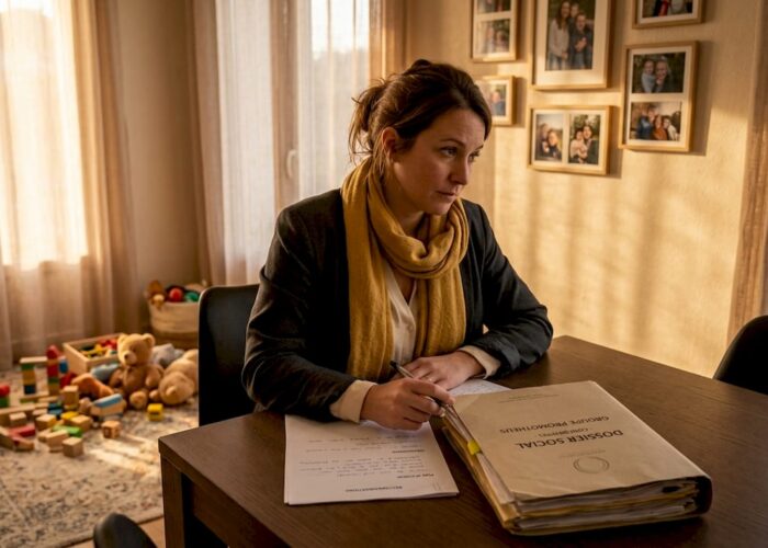 Assise à son bureau, l’assistante sociale étudie attentivement le dossier d’une famille.