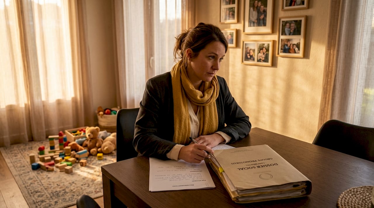 Assise à son bureau, l’assistante sociale étudie attentivement le dossier d’une famille.