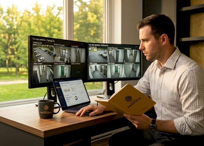 Un expert informatique surveille en temps réel les écrans de sécurité du bureau pour garantir la protection des lieux.