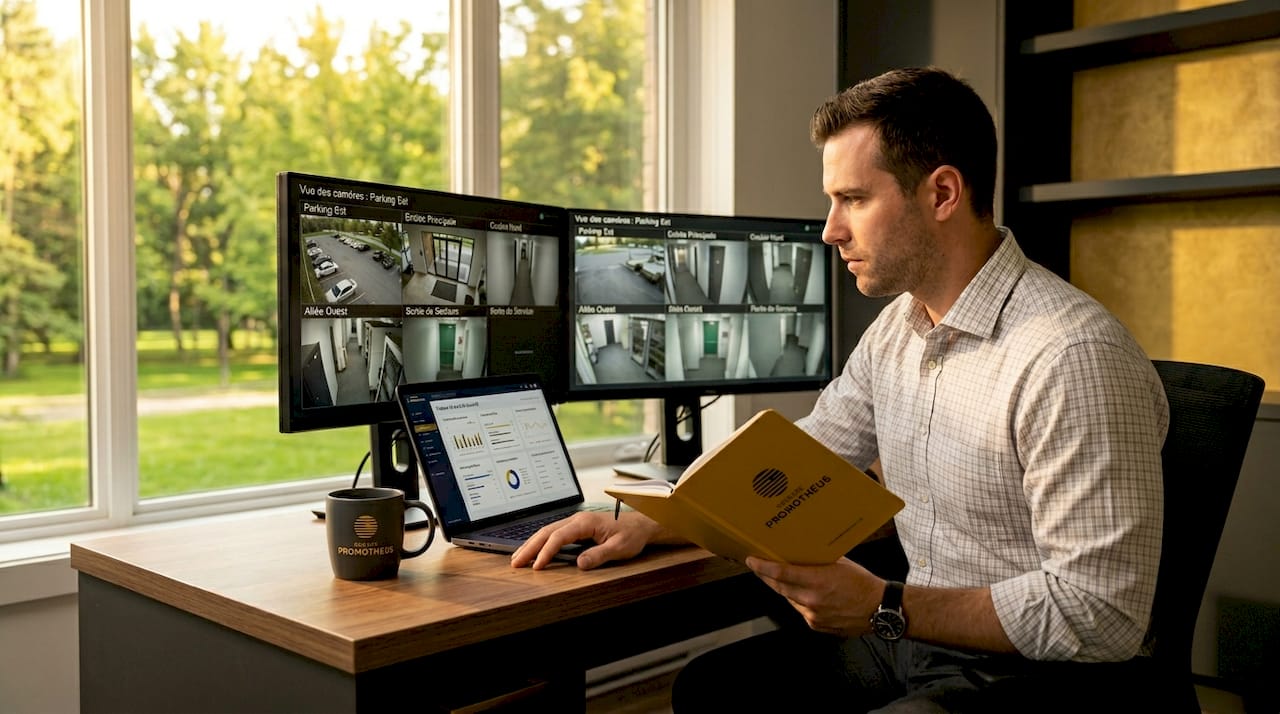 Un expert informatique surveille en temps réel les écrans de sécurité du bureau pour garantir la protection des lieux.