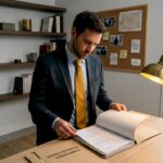 Dans son bureau, un détective privé examine attentivement un dossier, à la recherche d’indices clés.