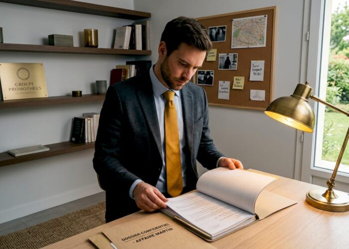 Dans son bureau, un détective privé examine attentivement un dossier, à la recherche d’indices clés.