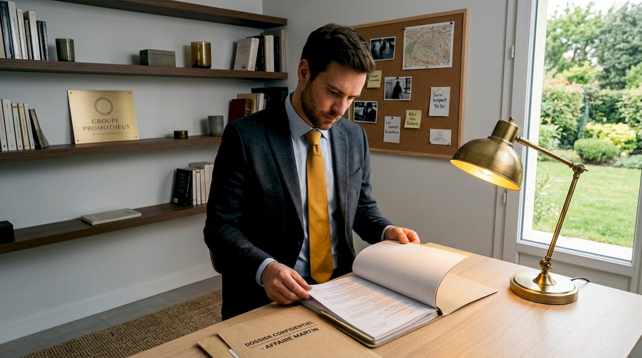 Dans son bureau, un détective privé examine attentivement un dossier, à la recherche d’indices clés.
