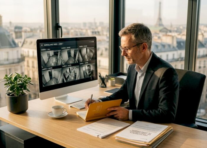 Un responsable conformité en train d’analyser les enregistrements de vidéosurveillance.
