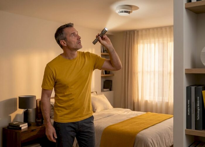 Une personne examine le plafond du salon à l’aide d’une lampe torche, à la recherche d’éventuelles anomalies.