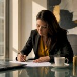Installé à son bureau, un juriste passe en revue les clauses d’un contrat avec attention.