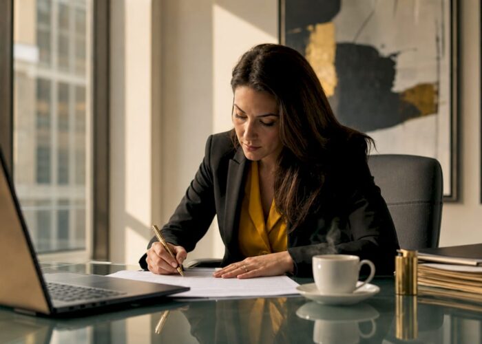 Installé à son bureau, un juriste passe en revue les clauses d’un contrat avec attention.
