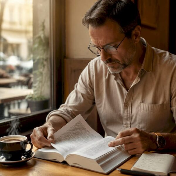 Un détective privé en pleine lecture d’un code juridique.