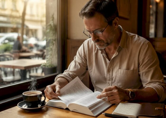 Un détective privé en pleine lecture d’un code juridique.