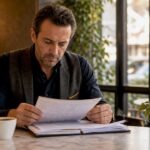 Un détective privé plongé dans l’étude d’un dossier, assis à son bureau.