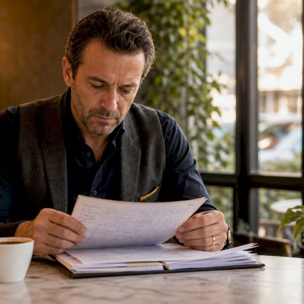 Un détective privé plongé dans l’étude d’un dossier, assis à son bureau.