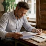 Un détective privé passe en revue des dossiers dans son bureau, concentré sur sa dernière enquête.
