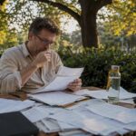 Un détective privé penché sur un dossier confidentiel dans son bureau