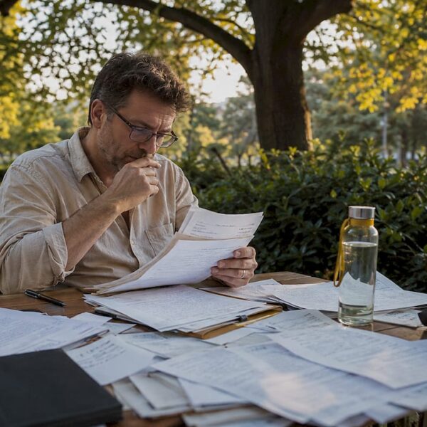 Un détective privé penché sur un dossier confidentiel dans son bureau