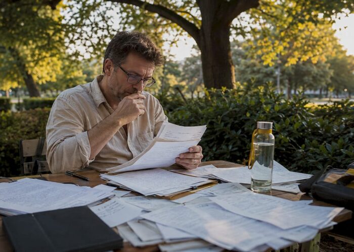 Un détective privé penché sur un dossier confidentiel dans son bureau
