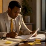 Juriste en entreprise en train d’étudier des dossiers sensibles dans son bureau.