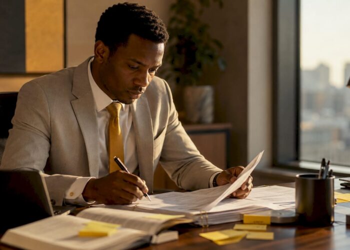 Juriste en entreprise en train d’étudier des dossiers sensibles dans son bureau.