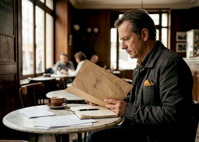 Un enquêteur examine attentivement un dossier confidentiel, posé sur un large bureau en bois.