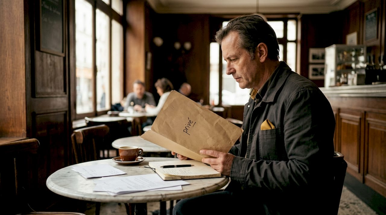 Un enquêteur examine attentivement un dossier confidentiel, posé sur un large bureau en bois.