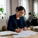 Une femme passe en revue ses dossiers financiers à son bureau.