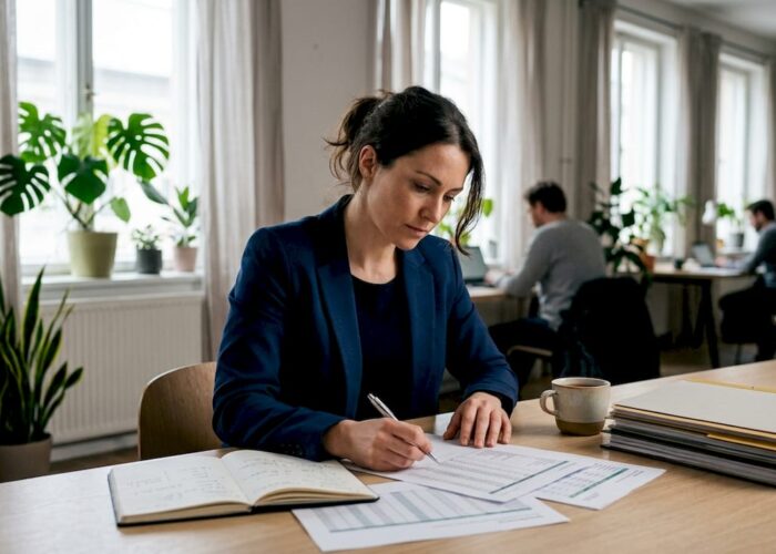 Une femme passe en revue ses dossiers financiers à son bureau.